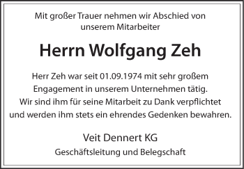 Anzeige von Wolfgang Zeh von MGO