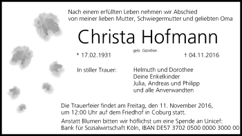 Anzeige von Christa Hofmann von MGO