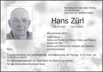 Anzeige von Hans Zürl von MGO