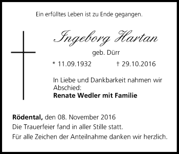 Anzeige von Ingeborg Hartan von MGO