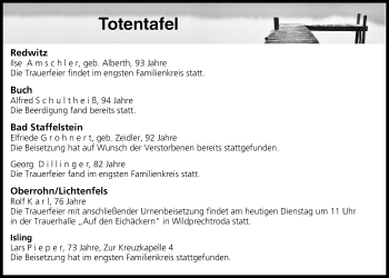 Anzeige von Totentafel vom 01.11.2016 von MGO