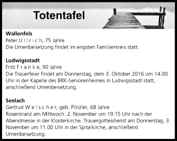 Anzeige von Totentafel vom 01.11.2016 von MGO