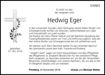Anzeige von Hedwig Eger von MGO