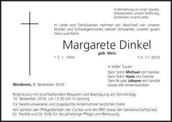 Anzeige von Margarete Dinkel von MGO