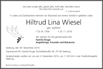 Anzeige von Hiltrud Lina Wiesel von MGO