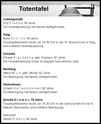 Anzeige von Totentafel vom 04.11.2016 von MGO