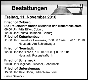 Anzeige von Bestattungen vom 11.11.2016 von MGO