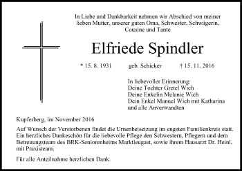 Anzeige von Elfriede Spindler von MGO