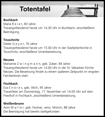 Anzeige von Totentafel vom 15.11.2016 von MGO