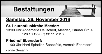Anzeige von Bestattungen vom 26.11.2016 von MGO