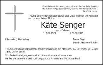 Anzeige von Käte Senger von MGO