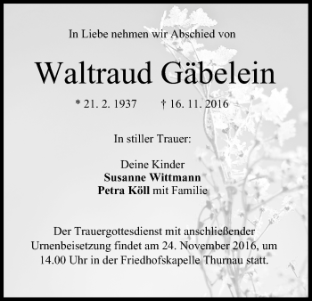 Anzeige von Waltraud Gäbelein von MGO