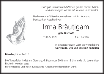 Anzeige von Irma Bräutigam von MGO