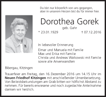 Anzeige von Dorothea Gorek von MGO