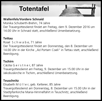 Anzeige von Totentafel vom 08.12.2016 von MGO
