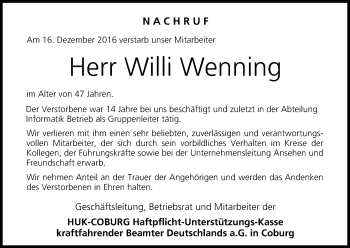 Anzeige von Willi Wenning von MGO