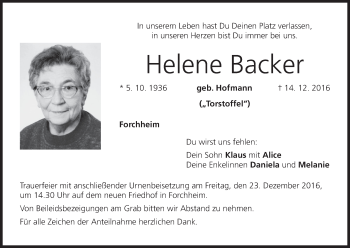 Anzeige von Helene Backer von MGO
