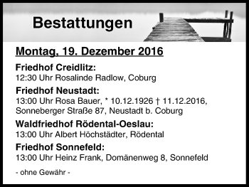 Anzeige von Bestattungen vom 19.12.2016 von MGO