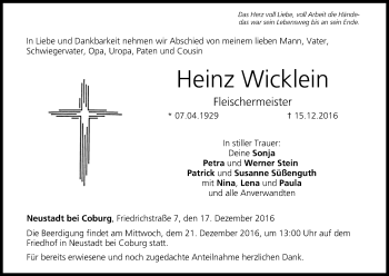 Anzeige von Heinz Wicklein von MGO