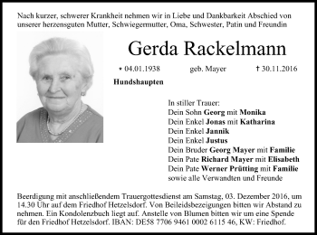 Anzeige von Gerda Rackelmann von MGO