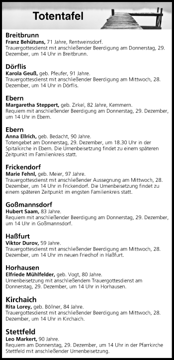 Anzeige von Totentafel vom 28.12.2016 von MGO