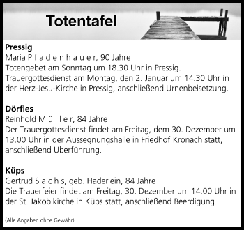 Anzeige von Totentafel vom 30.12.2016 von MGO