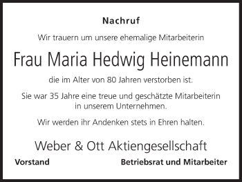 Anzeige von Maria Hedwig Heinemann von MGO
