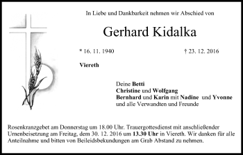 Anzeige von Gerhard Kidalka von MGO