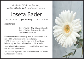 Anzeige von Josefa Bader von MGO