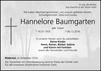 Anzeige von Hannelore Baumgarten von MGO