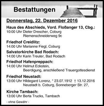 Anzeige von Bestattungen vom 22.12.2016 von MGO