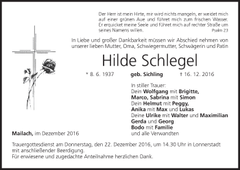 Anzeige von Hilde Schlegel von MGO