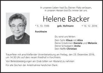 Anzeige von Helene Backer von MGO