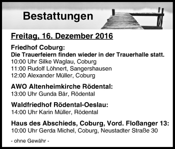 Anzeige von Bestattungen vom 16.12.2016 von MGO