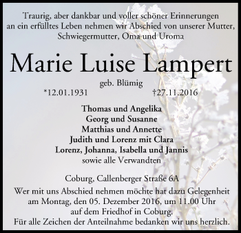 Anzeige von Marie Luise Lampert von MGO