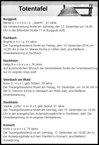 Anzeige von Totentafel vom 16.12.2016 von MGO