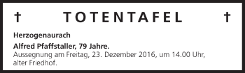 Anzeige von Totentafel vom 20.12.2016 von MGO