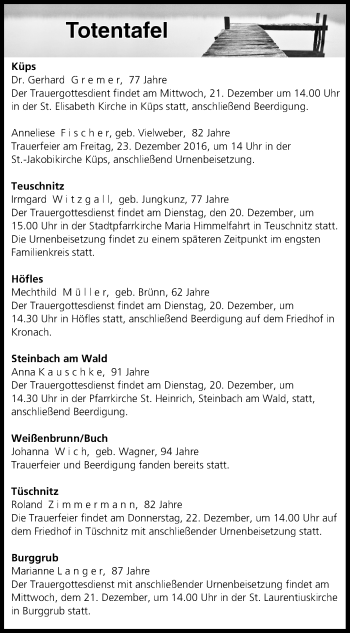Anzeige von Totentafel vom 20.12.2016 von MGO