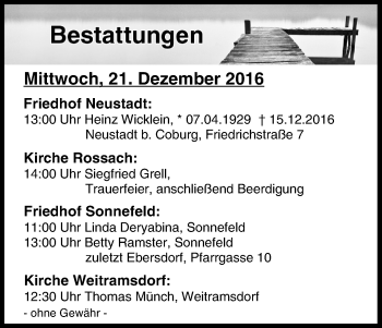 Anzeige von Bestattungen vom 21.12.2016 von MGO