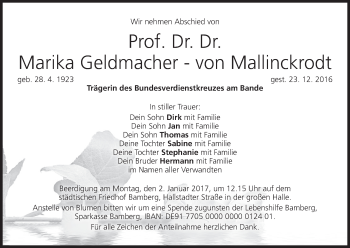 Anzeige von Marika Geldmacher-von Mallinckrodt von MGO