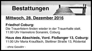 Anzeige von Bestattungen vom 28.12.2016 von MGO