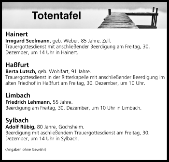 Anzeige von Totentafel vom 30.12.2016 von MGO
