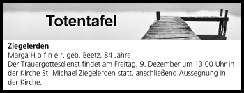 Anzeige von Totentafel vom 07.12.2016 von MGO