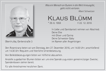 Anzeige von Klaus Blümm von MGO