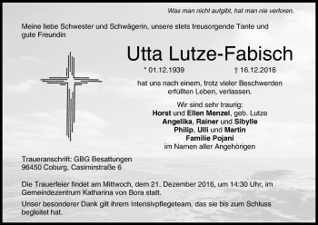 Anzeige von Utta Lutze-Fabisch von MGO