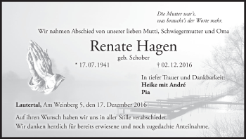 Anzeige von Renate Hagen von MGO