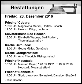 Anzeige von Bestattungen vom 23.12.2016 von MGO