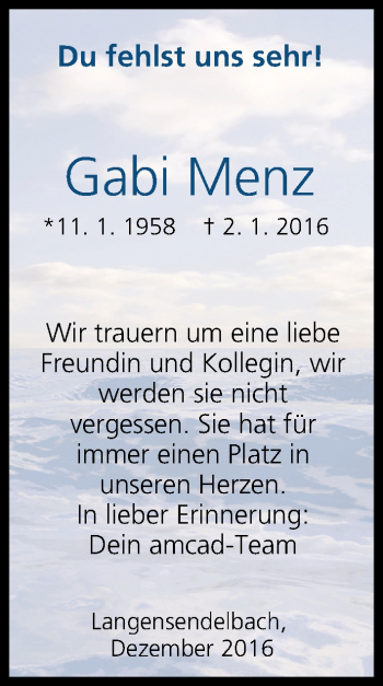 Anzeige von Gabi Menz von MGO