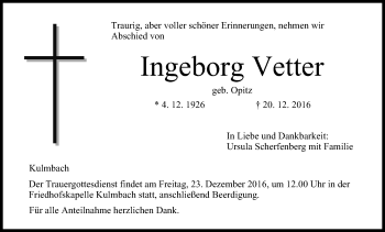 Anzeige von Ingeborg Vetter von MGO