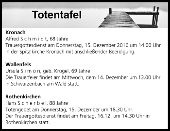 Anzeige von Totentafel vom 14.12.2016 von MGO